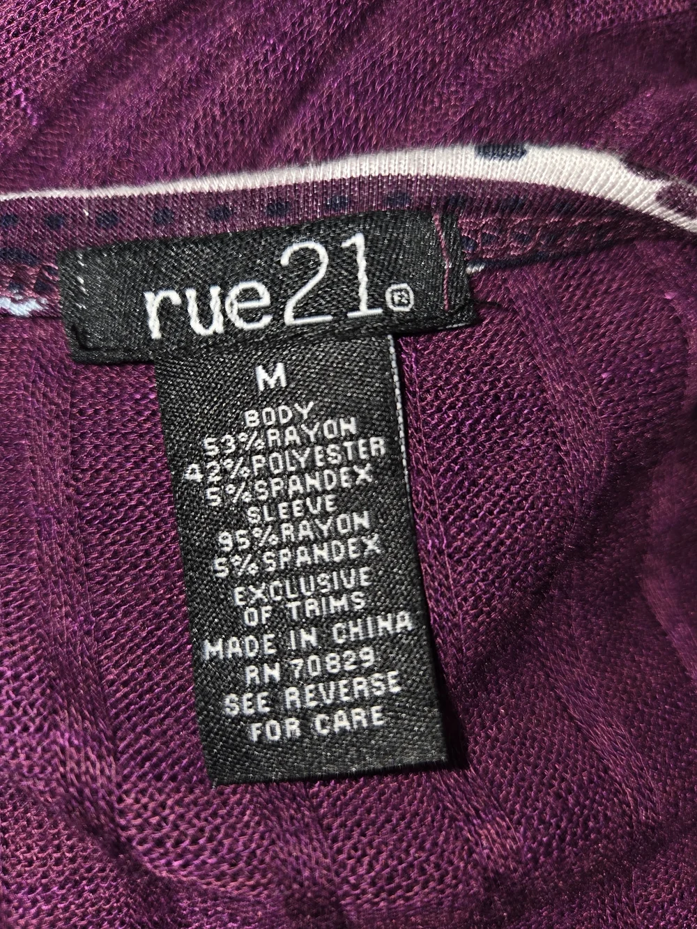 Rue21 Purple Ribbed Scoop‎ Neck Top with Patterned Raglan Sleeves